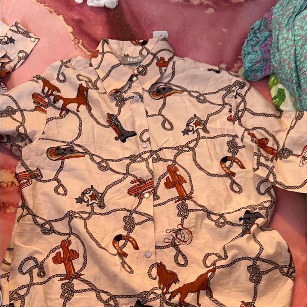 Blue & Cream Cowboy Rope Print Shirt - Picture 4 of 6